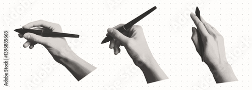 Set of hands with a pen in different positions. Hands holding a pen in halftone style. Stippled vector illustration. Trendy hand elements for collage