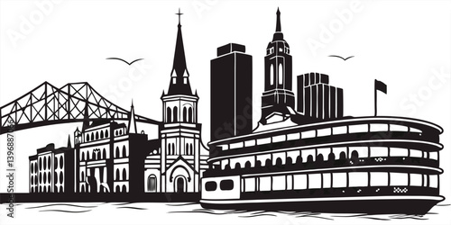 New Orleans vector silhouette skyline featuring the city's iconic French Quarter, historic buildings, and vibrant riverfront.