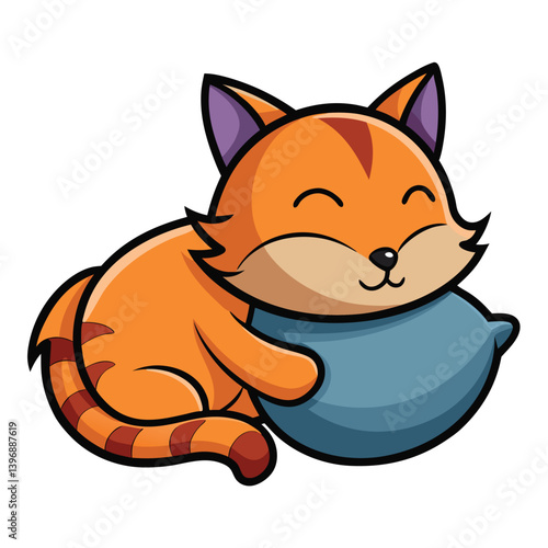 Ginger Cat Curled Up, Embracing a Blue Pillow, Closed Eyes, Whiskers, Isolated on White