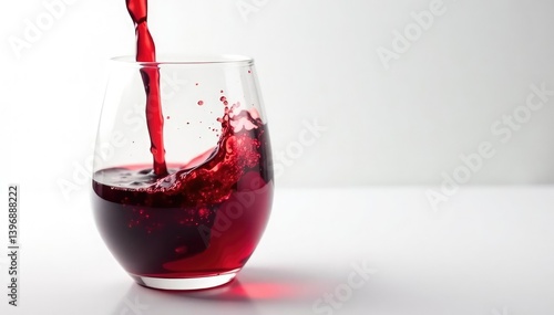 Rich red wine poured into glass, clean white backdrop, pour, liquid, closeup