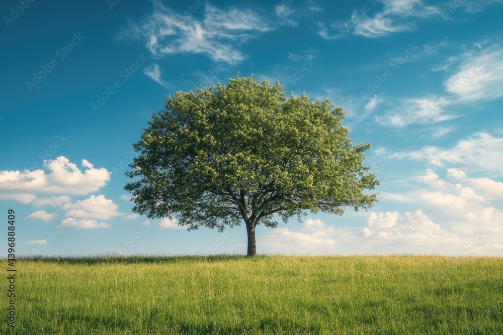 Lush green tree on grassy hill, vibrant sky Lush green tree on grassy hill, vibrant sky
