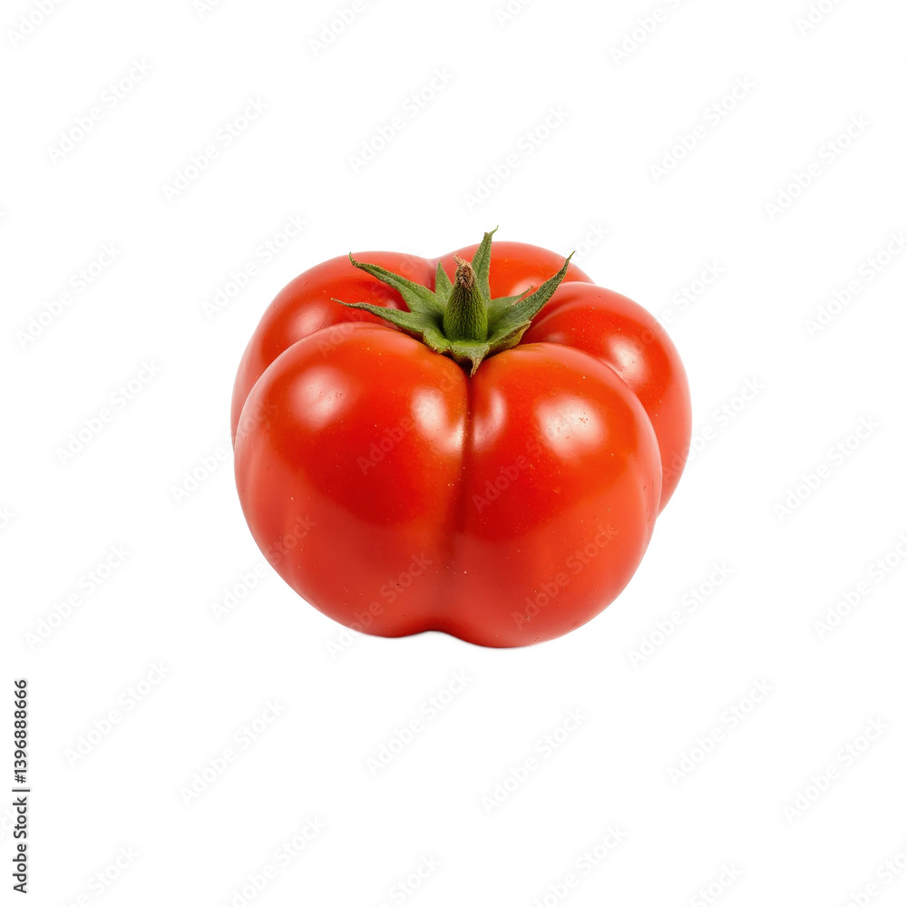 A fresh, vibrant red tomato with a green stem, perfect for cooking or salads. A fresh, vibrant red tomato with a green stem, perfect for cooking or salads.