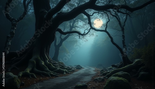 A dark and mysterious forest scene at night. Gnarled tree trunks with visible roots are partially obscured by mist and moonlight. Moss covers rocks and the ground is a deep black. Silver birch trees a