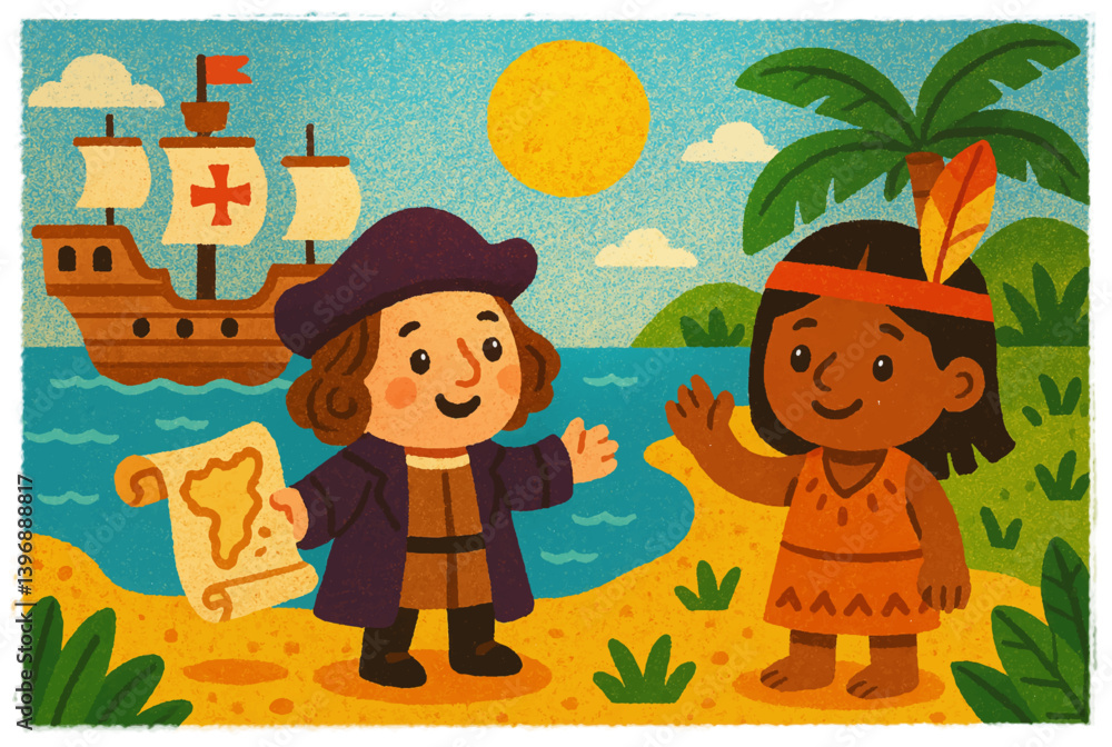 Naklejka premium Columbus Arrives in America! A New World Revealed. Christopher Columbus with map and Native American on the beach, caravel at sea and bright sun. The discovery of America for kids!