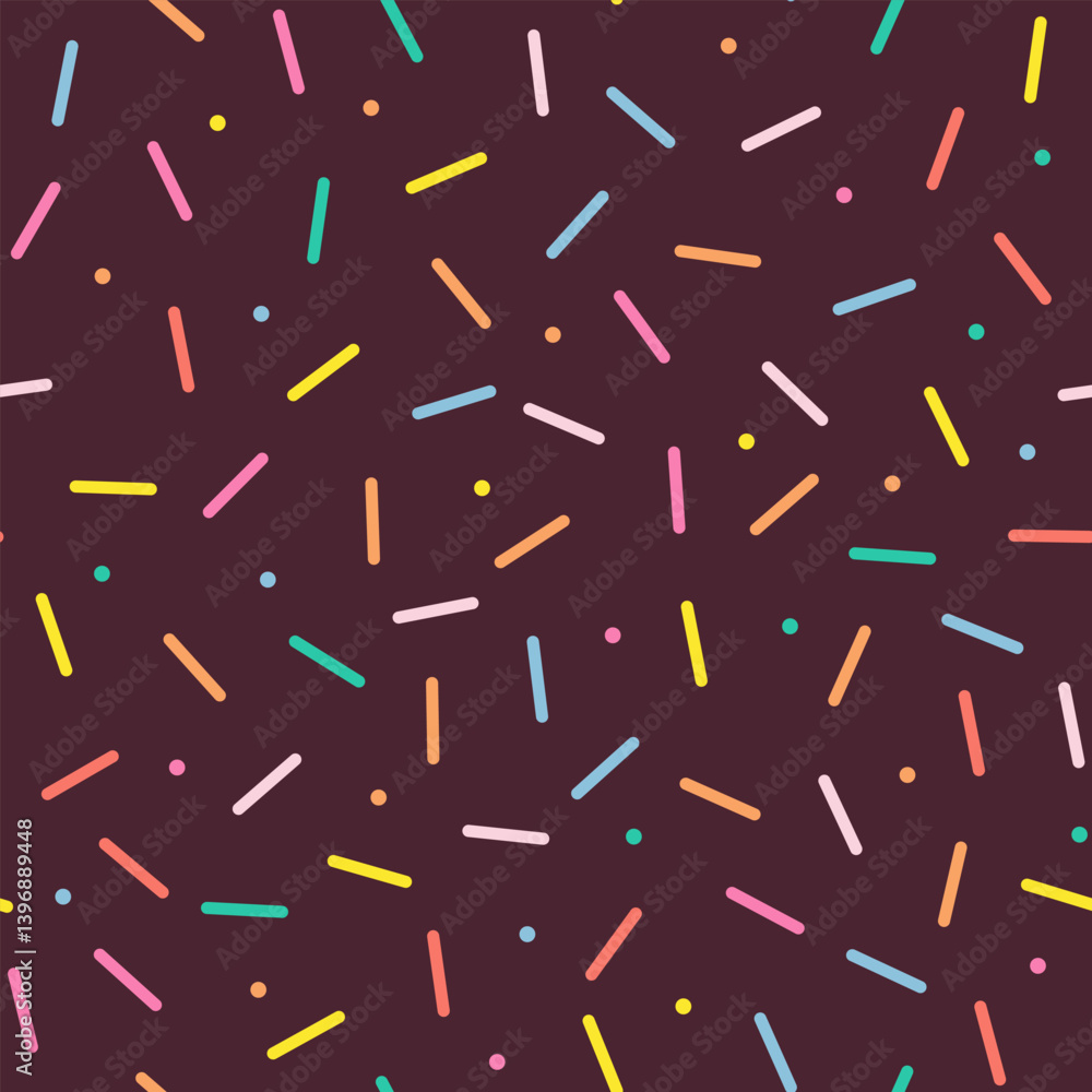Simple Sprinkle Seamless Pattern. Chocolate donut glaze with colorful decorative sprinkles. Vector Illustration in scandinavian style. Simple Sprinkle Seamless Pattern. Chocolate donut glaze with colorful decorative sprinkles. Vector Illustration in scandinavian style.