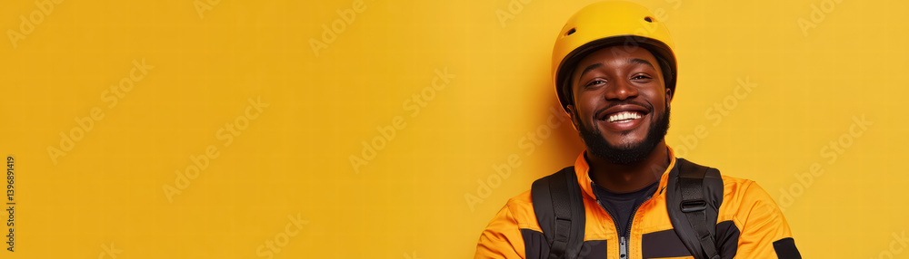 Radiant Confidence: A construction worker exuding warmth and professionalism, posing against a vivid yellow backdrop, embodies the spirit of skilled labor and dedication. Radiant Confidence: A construction worker exuding warmth and professionalism, posing against a vivid yellow backdrop, embodies the spirit of skilled labor and dedication.