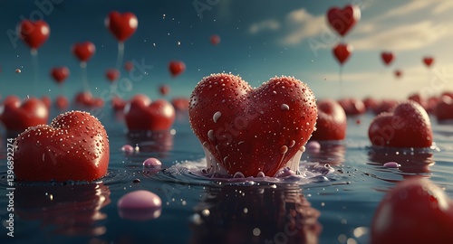Surreal image of red hearts and bubbles floating in water, representing a dream world with heart-shaped food in mid-air.  