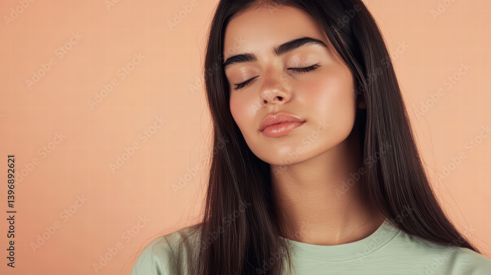 Fototapeta premium Peaceful Serenity: A young woman with long dark hair closes her eyes, radiating tranquility and inner peace against a soft peach background.