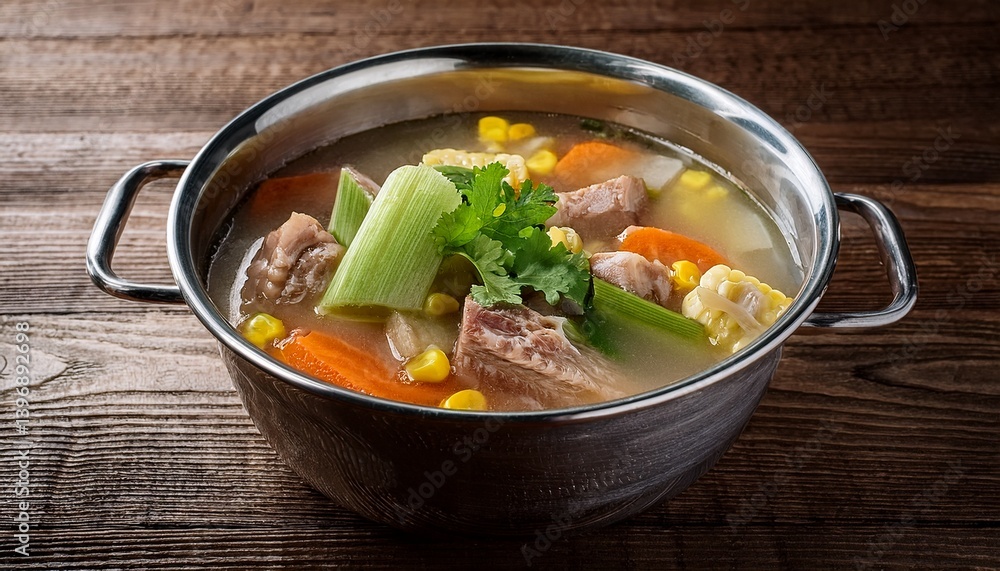 Traditional Pilipino Soup called Sinigang; Hearty pork rib soup with corn, carrots, daikon, green onions, and herbs simmering in a clear savory broth, served in a metal bowl on a wooden table Traditional Pilipino Soup called Sinigang; Hearty pork rib soup with corn, carrots, daikon, green onions, and herbs simmering in a clear savory broth, served in a metal bowl on a wooden table