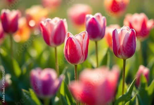 Close-up of Vibrant Pink Tulips Blooming in a Lush Green Field