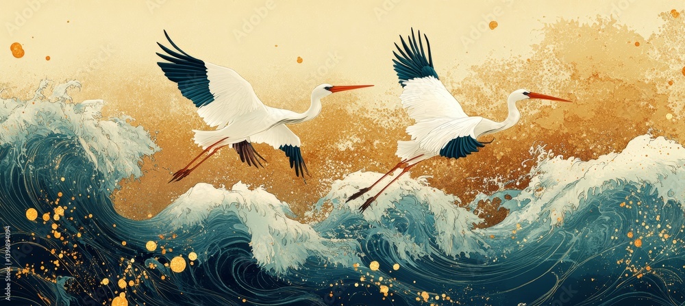 Stork bird fly over the ocean waves. Traditional oriental painting style background. Generative AI technology.