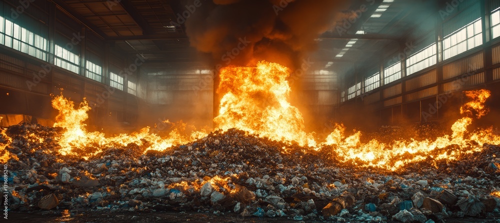 Garbage recycle disposal plant on burning fire. environment pollution reduce. Generative AI technology.