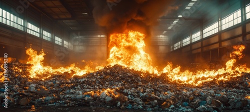 Obraz na płótnie Garbage recycle disposal plant on burning fire. environment pollution reduce. Generative AI technology. w salonie