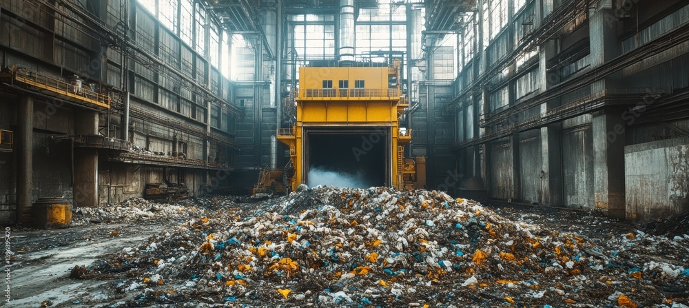 Waste incinerator plant with at garbage pile. environment pollution reduce. Generative AI technology.