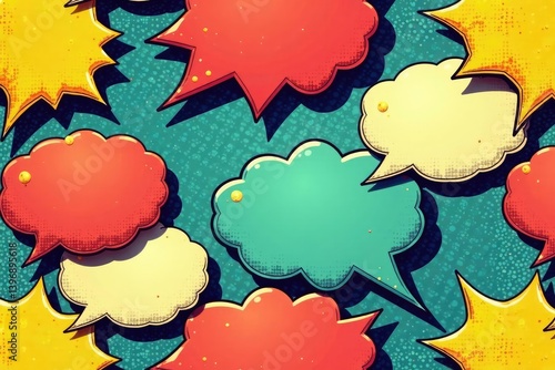 Seamless retro comic speech bubble wallpaper pattern in vibrant colors, print, colorful, textile