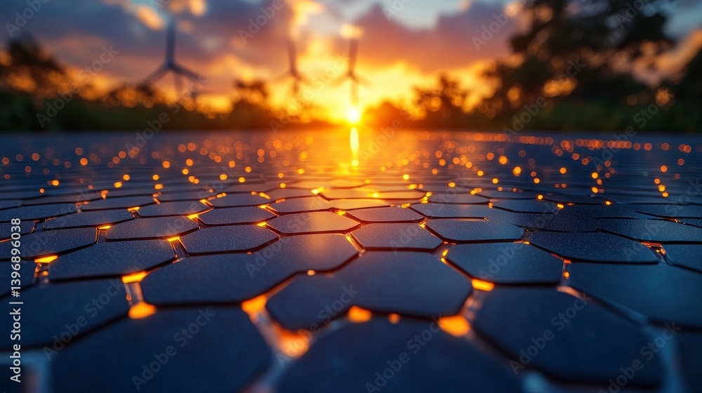 Obraz premium Solar panel array at sunset, wind turbines visible in the background