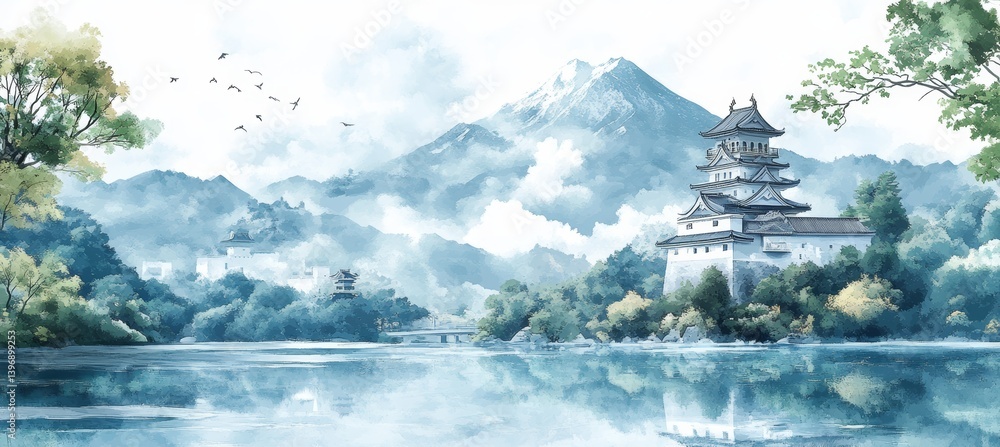 Emperor castle at lake mountain valley. Traditional oriental Japanese painting style background. Generative AI technology.