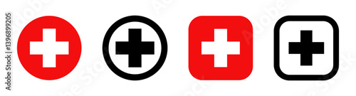 Set of medical cross icons in red, black, and white. Flat design symbols for healthcare, emergency, hospital, first aid, and medical apps. Ideal for UI, branding, and infographic elements. Icons.