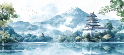 Obraz na płótnie Emperor castle at lake mountain valley. Traditional oriental Japanese painting style background. Generative AI technology.
w salonie