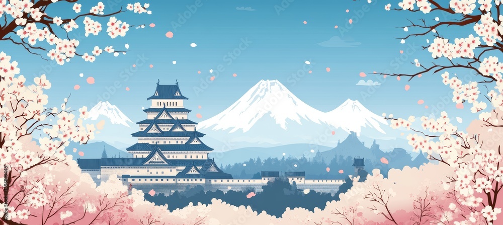 Shogun castle palace with Sakura flower and snow mountain background. Traditional oriental Japanese painting style background. Generative AI technology.