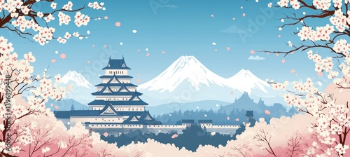 Obraz na płótnie Shogun castle palace with Sakura flower and snow mountain background. Traditional oriental Japanese painting style background. Generative AI technology.
w salonie