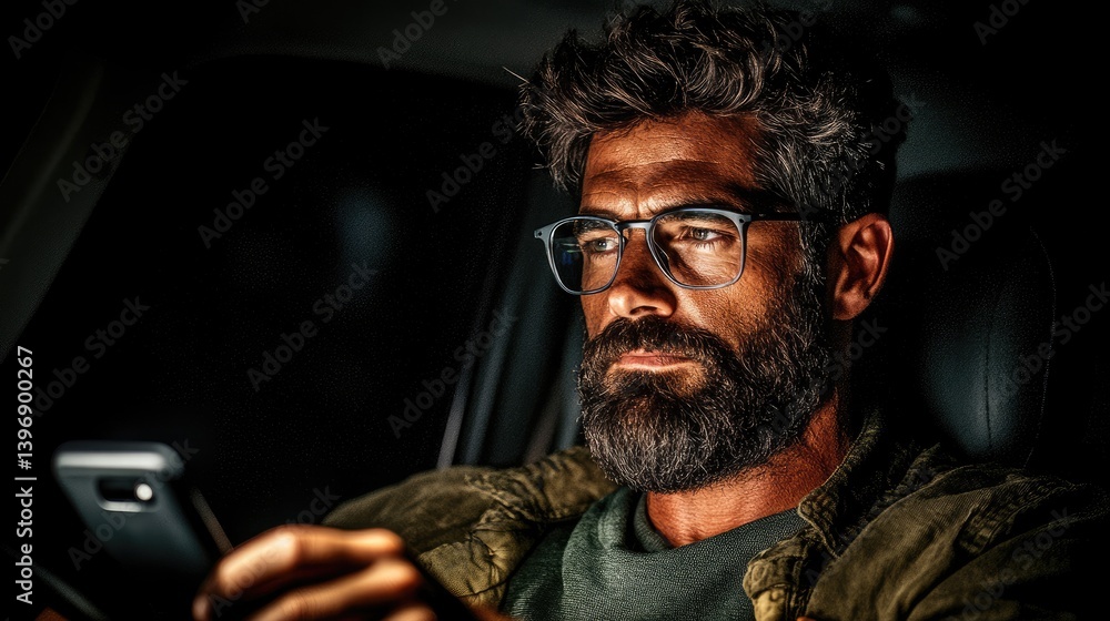 Focused man using phone in car at night Focused man using phone in car at night