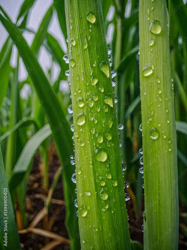 Close-up of a corn stalk with water droplets on it. Close-up of a corn stalk with water droplets on it.