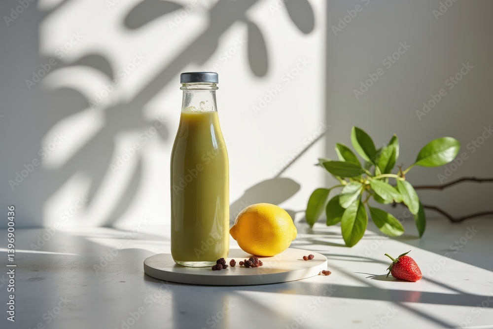 A refreshing green beverage in a glass bottle, accompanied by a lemon, a strawberry, and greenery, set against a backdrop of soft shadows. A refreshing green beverage in a glass bottle, accompanied by a lemon, a strawberry, and greenery, set against a backdrop of soft shadows.
