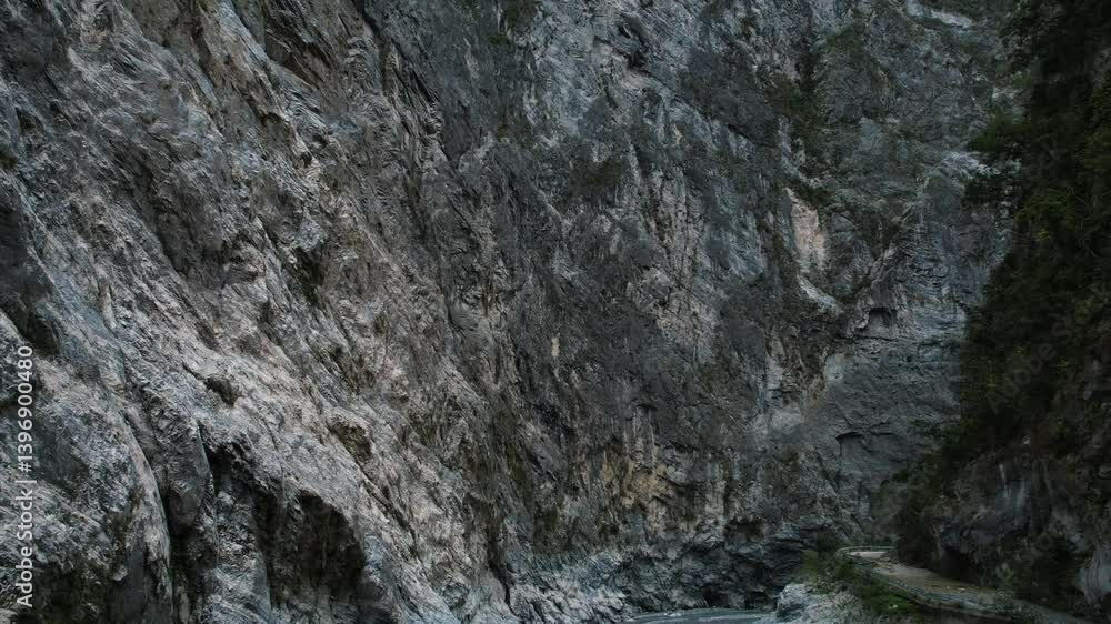 Drone Tilting Up View Of Steep Cliffs in Taroko Gorge, Taiwan Drone Tilting Up View Of Steep Cliffs in Taroko Gorge, Taiwan