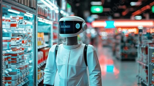 Wallpaper Mural Robot in Supermarket: A futuristic robot navigates a vibrant supermarket aisle, its advanced design and sleek aesthetic blending seamlessly with the modern shopping environment. Torontodigital.ca