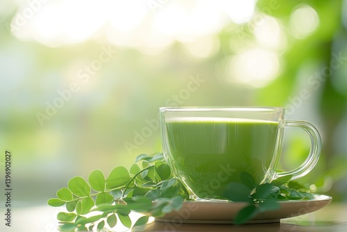 Refreshing green drink with moringa leaves, showcasing a healthy beverage.