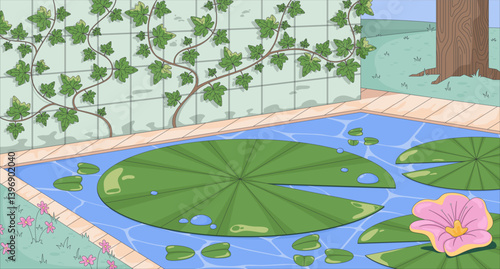 Lily pads and lotus flower in lo-fi pond flat illustration background. Blooming backyard garden water. Lilypad, waterlily with ivy vines wall 2D cartoon backdrop. Colorful scene vector art image