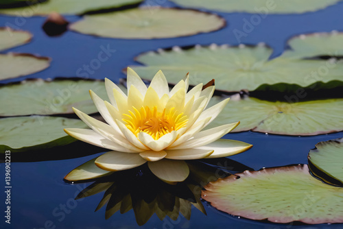 A pale yellow lotus flower in full bloom. Green lotus leaves floating on the water surface. Faint reflections of flowers and leaves on the calm water surface. photo