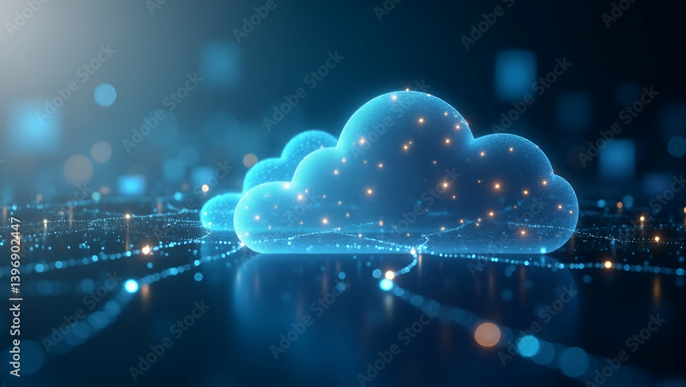 Fototapeta premium Artistic Visuals of Cloud Computing: Dynamic Digital Models & Network Mapping for Enhanced IT Understanding in Photo Stock Concept with Left-Side Empty Space