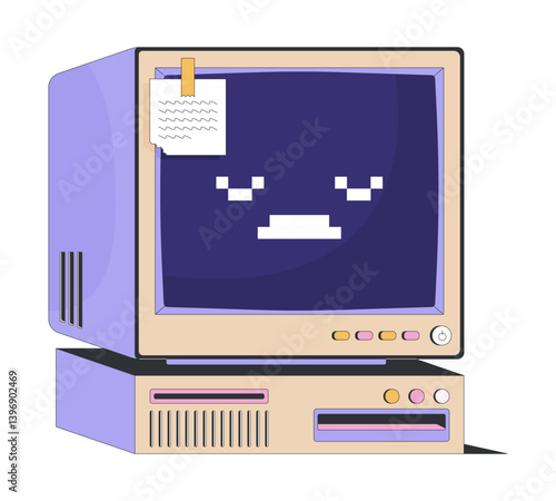 Retro computer with sad pixel face and sticky note 2D cartoon object. Outdated tech. 90s aesthetic. Vintage oldschool desktop isolated element flat vector clip art on white. Spot illustration
