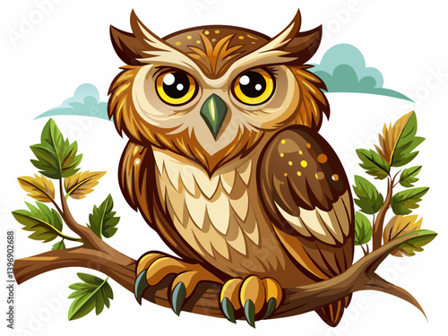 A vector illustration of a wise owl perched on a branch, isolated on a white background