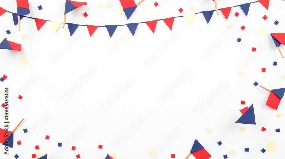 Obraz premium Festive Fourth of July Background Red white and blue bunting and confetti create a celebratory atmosphere perfect for patriotic designs invitations or social media posts Clean white backdrop