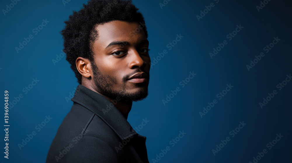 Obraz premium Focused Confidence: A poised individual exudes self-assuredness against a clean, studio-like backdrop. This captivating portrait is ideal for projects requiring a sense of calm and confidence.