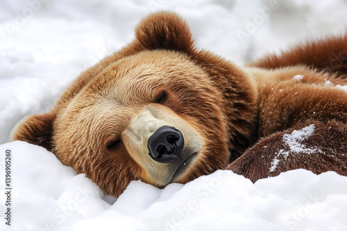 A wild bear peacefully sleeping in the snow, embodying the essence of winter hibernation. Surrounded by a cold, serene natural environment