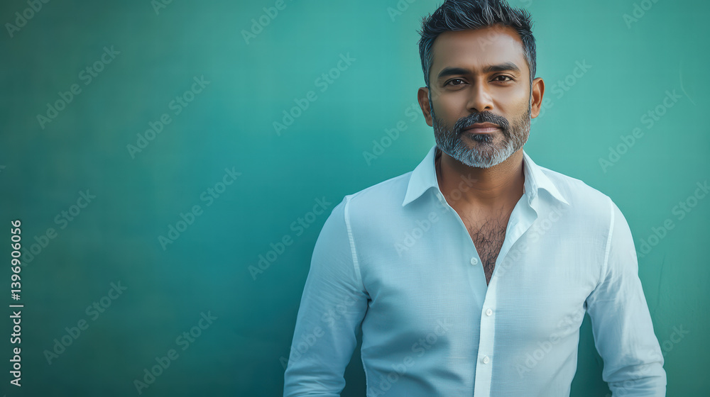 A man in front of blue background: A portrait of a man, captured against a solid blue backdrop, dressed in a classic white shirt. The image showcases a confident gaze and timeless charm. A man in front of blue background: A portrait of a man, captured against a solid blue backdrop, dressed in a classic white shirt. The image showcases a confident gaze and timeless charm.