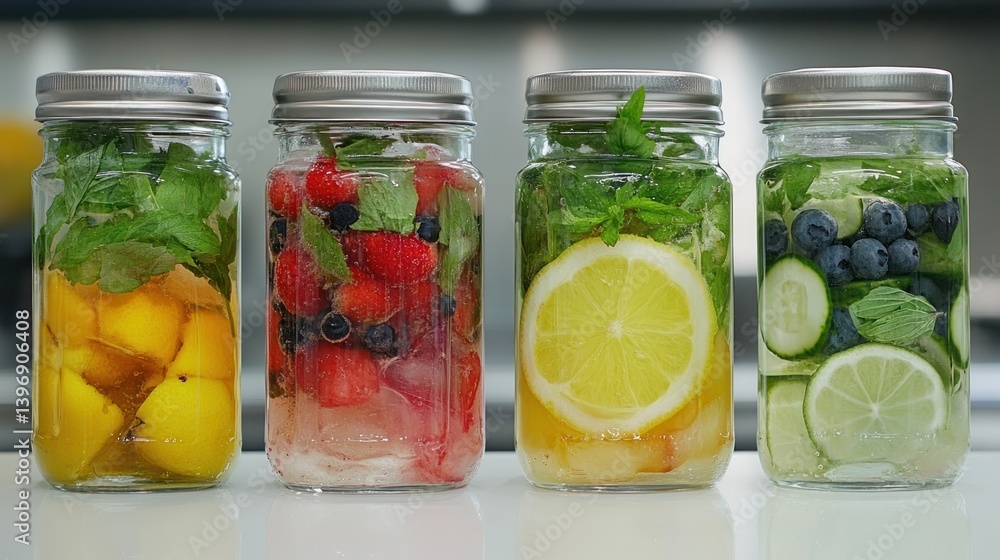 Refreshing Infused Water with Colorful Fruit and Mint in Mason Jars for Healthy Hydration Refreshing Infused Water with Colorful Fruit and Mint in Mason Jars for Healthy Hydration