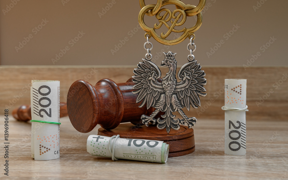 Fototapeta premium Łańcuch sędziowski, papierowe banknoty, komornicze działalności, korupcja w wymiarze sprawiedliwości 
