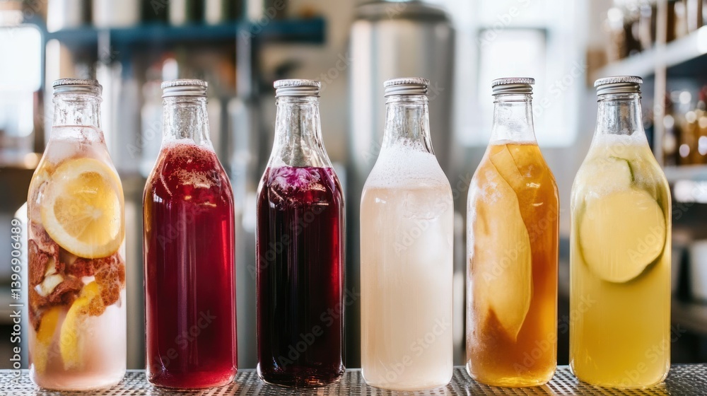 Variety of Refreshing Beverages in Glass Bottles with Fruits and Colors on a Bar Counter Variety of Refreshing Beverages in Glass Bottles with Fruits and Colors on a Bar Counter