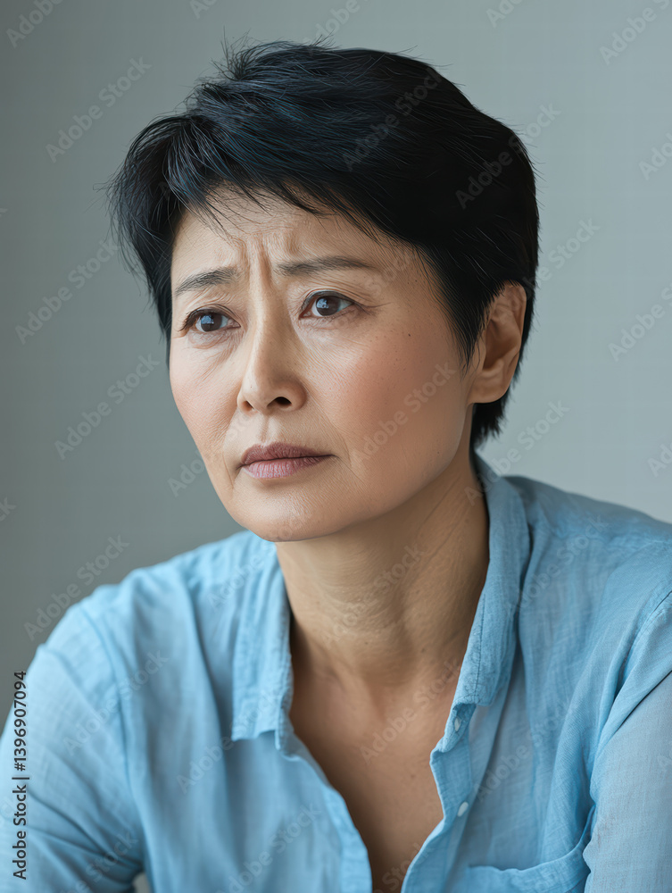 Introspective Woman: Capturing a moment of quiet contemplation, this portrait shows a mature woman with a furrowed brow, suggesting deep thought and introspection. Introspective Woman: Capturing a moment of quiet contemplation, this portrait shows a mature woman with a furrowed brow, suggesting deep thought and introspection.