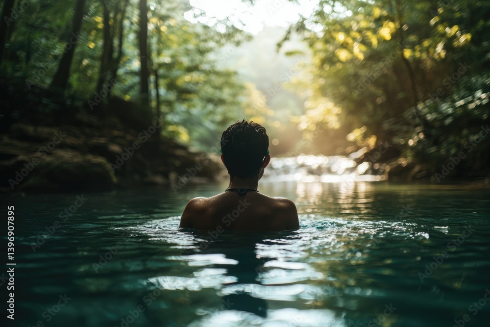 A person calmly floats in a tranquil, sun-drenched jungle river, enjoying serene nature. A person calmly floats in a tranquil, sun-drenched jungle river, enjoying serene nature.