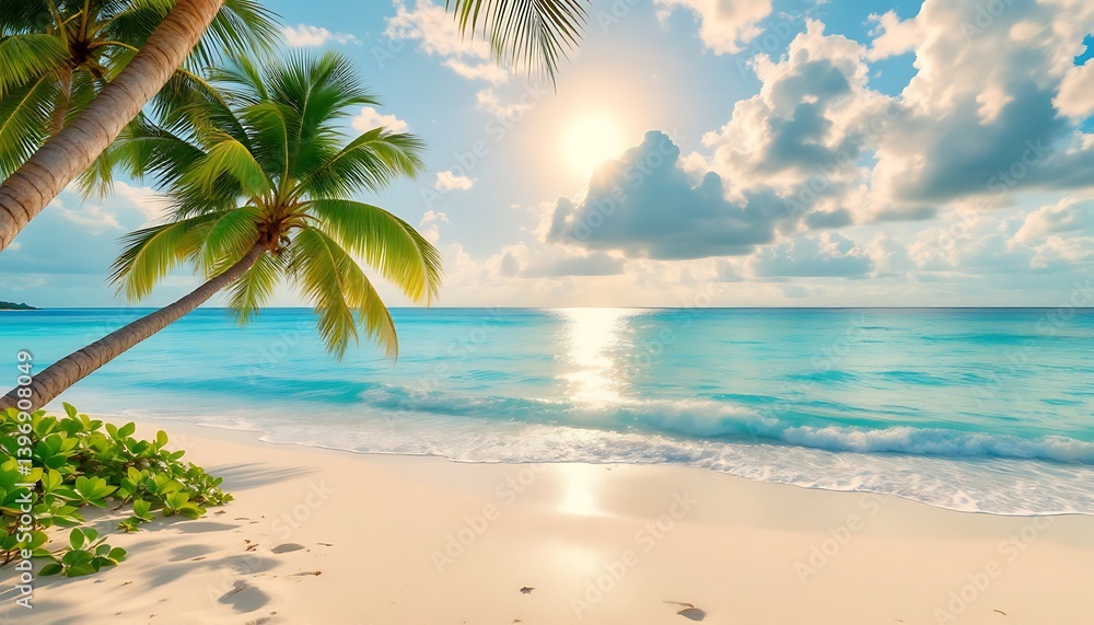 Obraz premium Tropical Beach Paradise with Palm Trees and Sparkling Turquoise Water