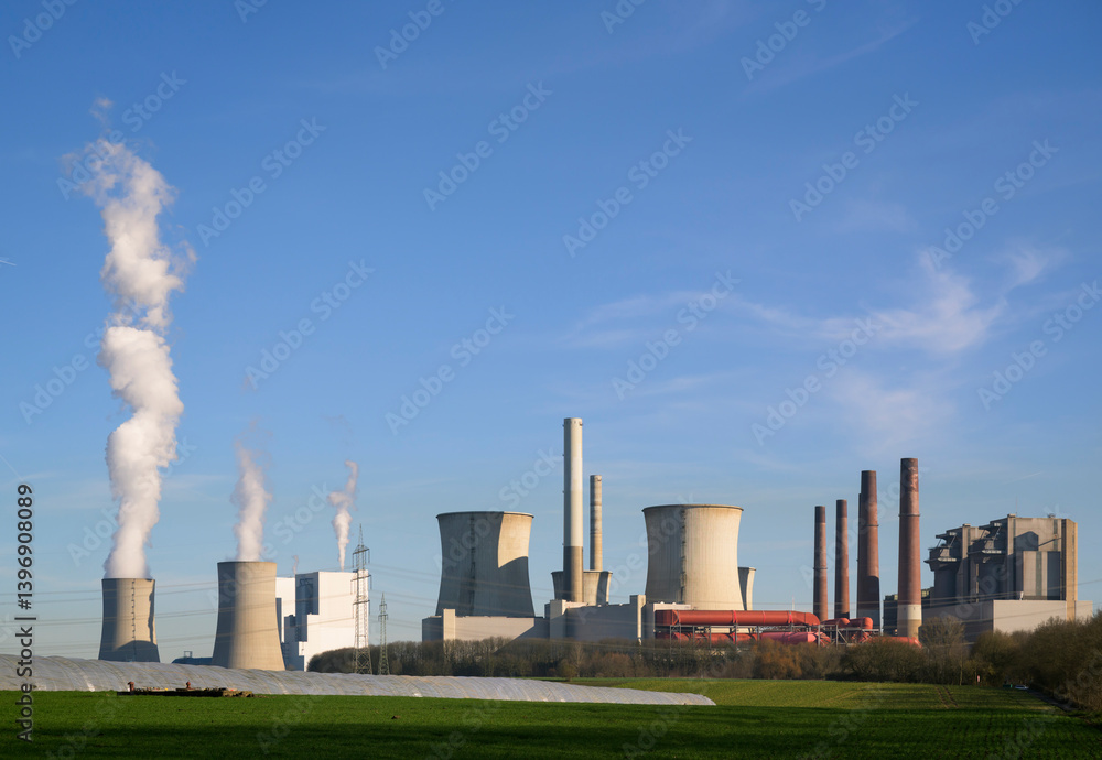 Brown coal fired power station in Garzweiler with smoke emissions and cooling towers Brown coal fired power station in Garzweiler with smoke emissions and cooling towers