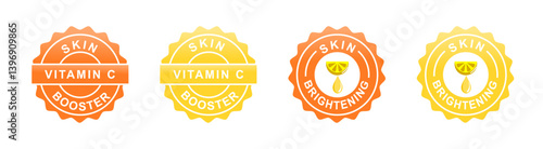 vitamin c skin booster brightening stamp, seal, badge, logo, label, logo yellow orange color. formula ingredients skincare, body care, healthcare