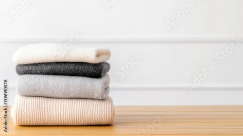 Stacked Cashmere Sweaters Neutral Tones Soft Lighting, Close-up, Neatly Folded, Cozy Winter Appeal, Light Wood Background, Warm Neutral Palette, E-commerce Product Shot