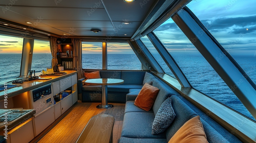 Fototapeta premium cozy cruise cabin interior with panoramic ocean view, modern design, warm lighting, soft details, peaceful and relaxing atmosphere 